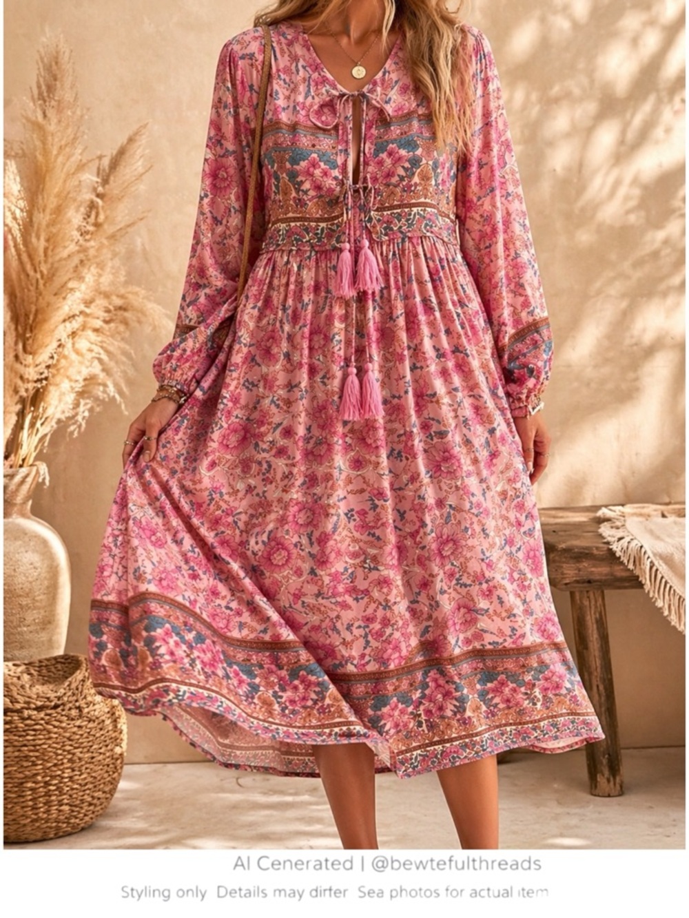 Pink Boho Floral Tassel Midi Dress Romantic Cottagecore Beachy Flowy